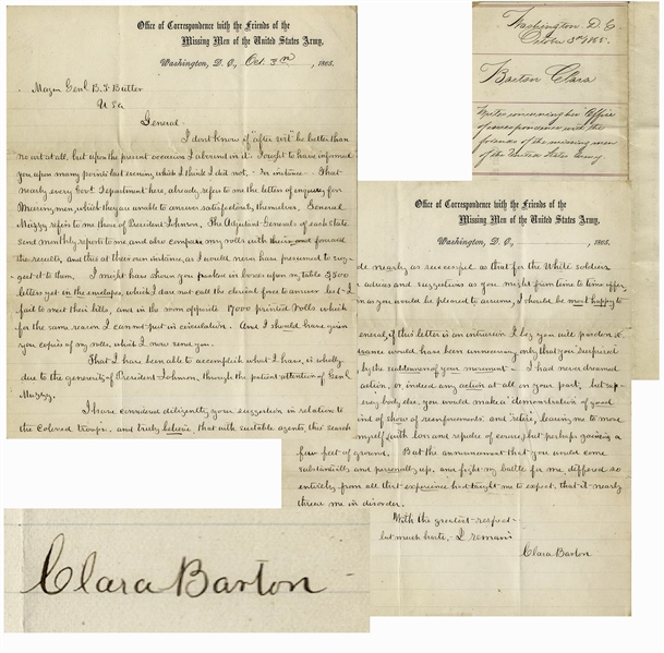 Clara Barton Autograph Letter Signed Regarding Missing Black Soldiers -- ...in relation to the Colored Troops...this search can be made nearly as successful as that for the white soldiers...